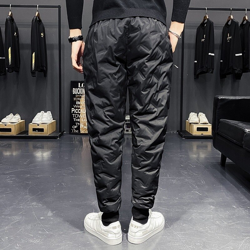 Pantalones acolchados de invierno para hombre, ropa de abrigo, elástica, con cordones, Color sólido, para jóvenes,