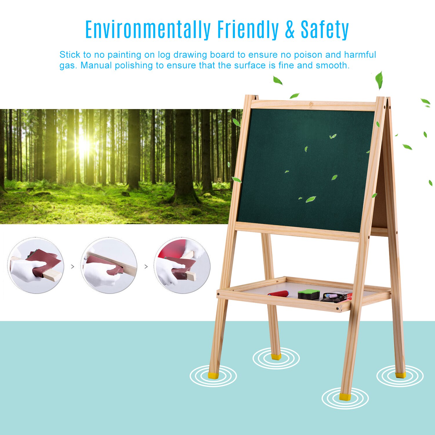 Wooden Art Easel Magnetic Double-Sided Chalkboard & Dry Erase Board Standing Easel Easy to Assemble with Storage Shelf