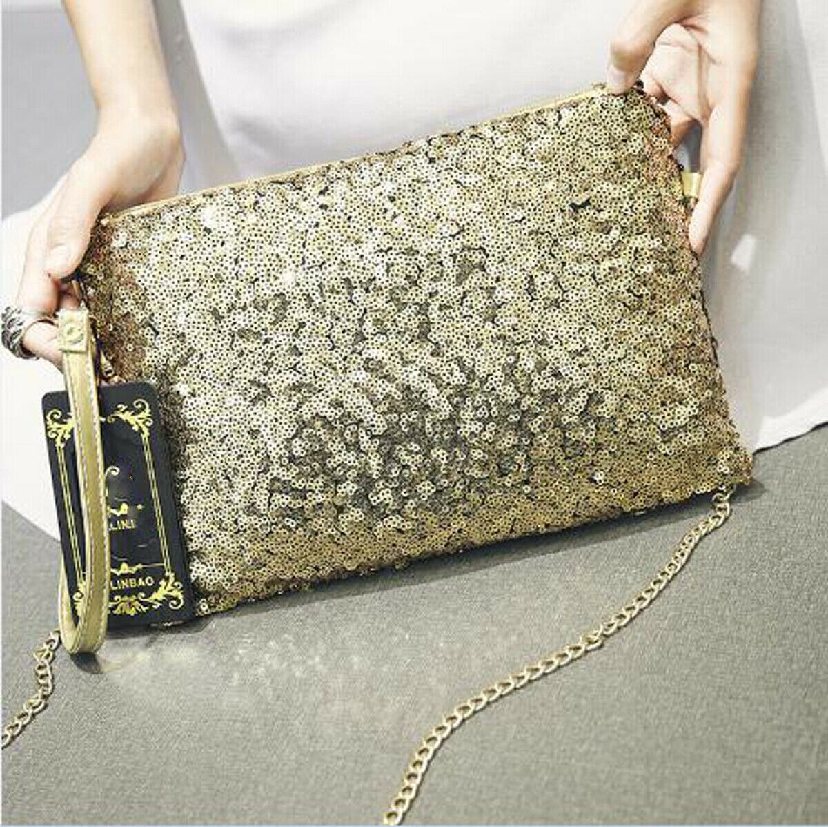 Dames clutch met pailletten, dinertas, glanzende portemonnee, draagbare schoudertas met ketting