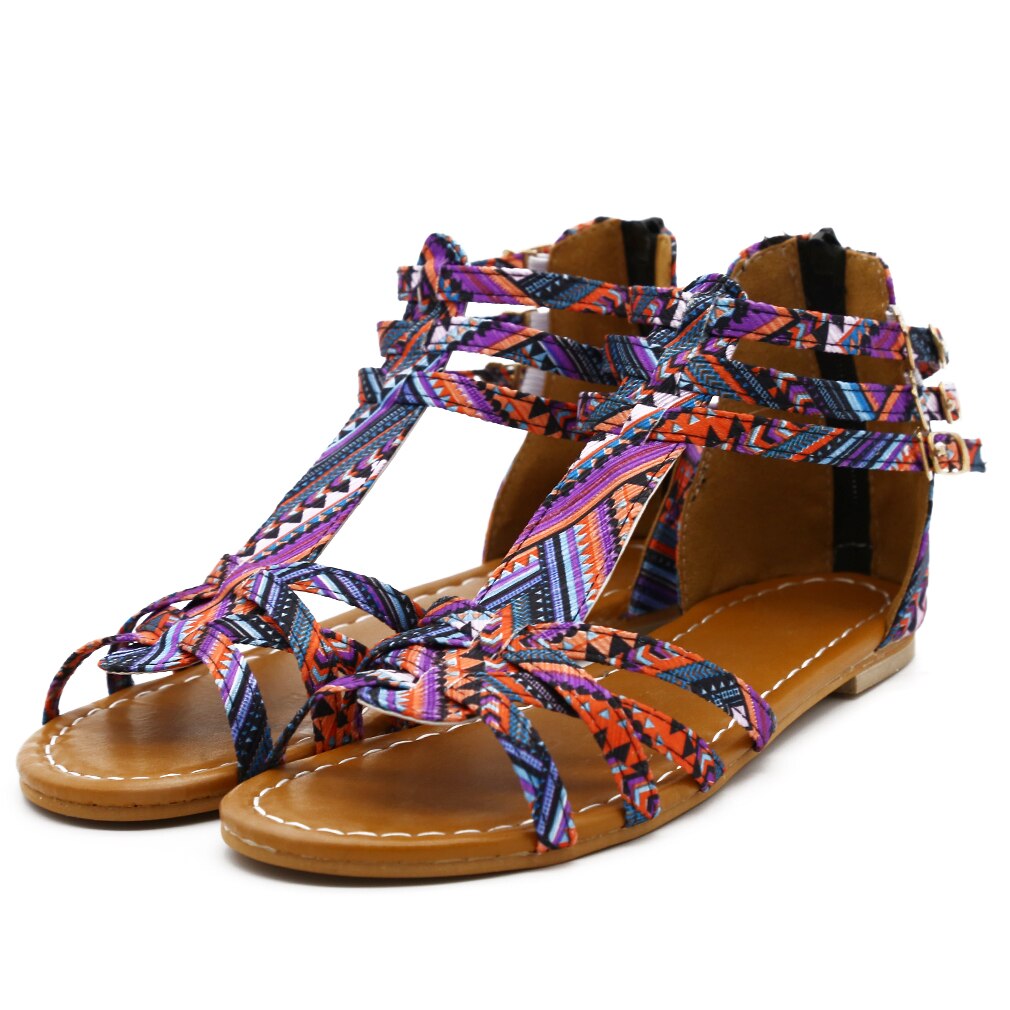Bohemian Women Flat Shoes Ethnic Bohemian Summer Women Beach Sandals Gladiator Roman Strappy Embroidered Outdoor Shoes