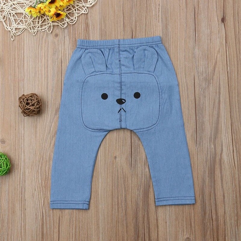 Moda Da Criança do Bebê Da Menina Do Menino 3D Urso Orelha Para Trás Em Linha Reta Calças Jeans Bonito Calças Roupas Idade 0-3 ano