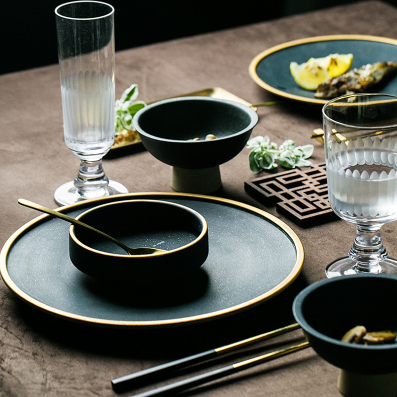 Dark Green Ceramic Plates Dinnerware Set Gold Inlay plate SOUSPLAT Mug Double Ear Bowl