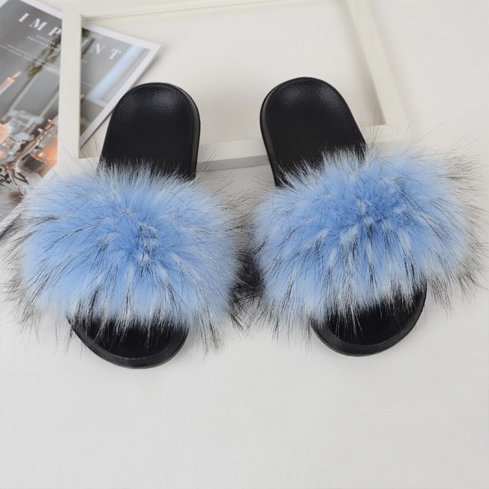 Imitatie Vossenbont Slippers Faux Furry Fluffy Slippers Vrouwen Slides Sandalen Indoor Schoenen Voor Vrouwelijke Slip Op Slippers d30: LIGHT BLUE / US 8-9