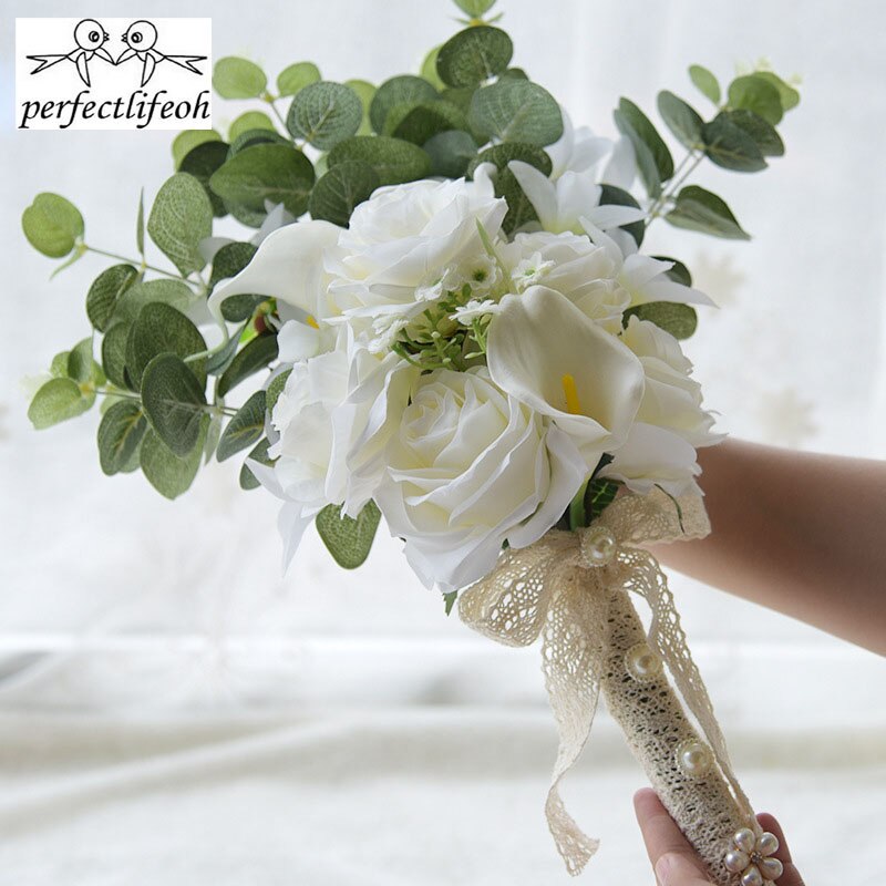 perfectlifeoh Beautiful Artificial Flowers Ivory/Yellow Calla Lily Long Flower Bouquet Wedding Bouquet bridal bouquets