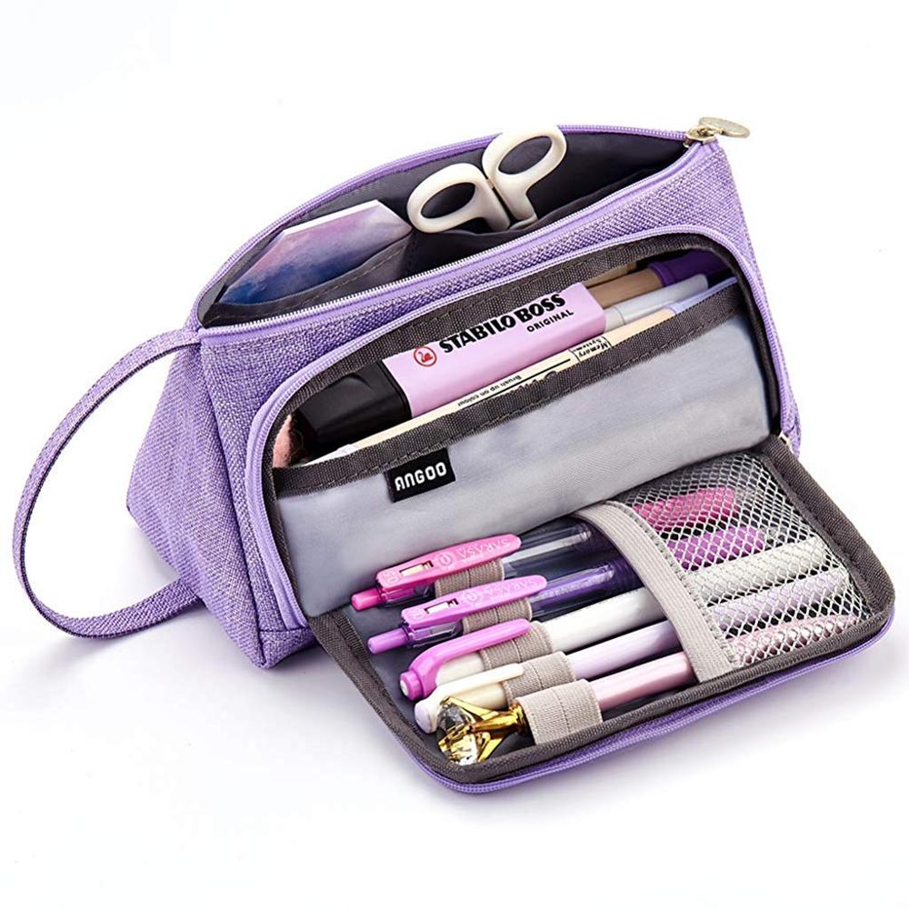 Solid Color Dark Grey Pencil Pouch Big Capacity Pen Bag Side Open Stationery Tools Case Make Up Bag Pencil Bag School Girl: purple