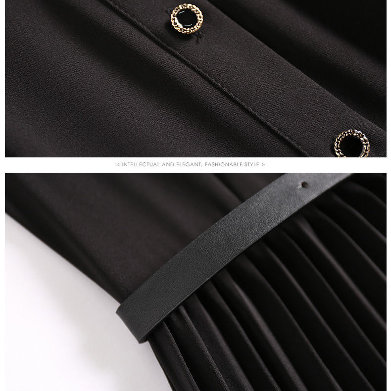 Dress Women Autumn Long Sleeve Black Pleated Dress Female Turn Down Collar Chiffon Black Clothes Office Lady Dress