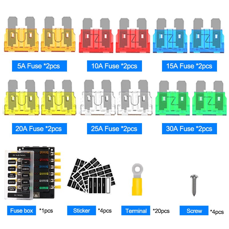 12 Way Car Fuse Box Fuse Holder With LED Indicators 10pcs Terminal Fuse Holder For Car And Ship Applications 12V 24V