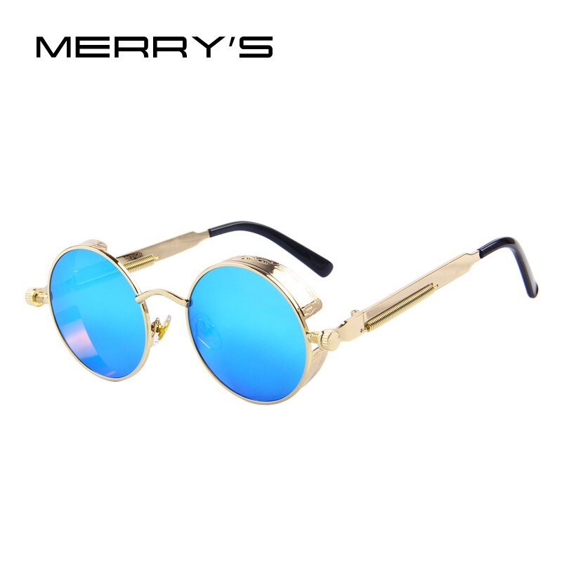 Merrys vintage dam steampunk solglasögon märke runda solglasögon oculos de sol  uv400: C10 guldblå