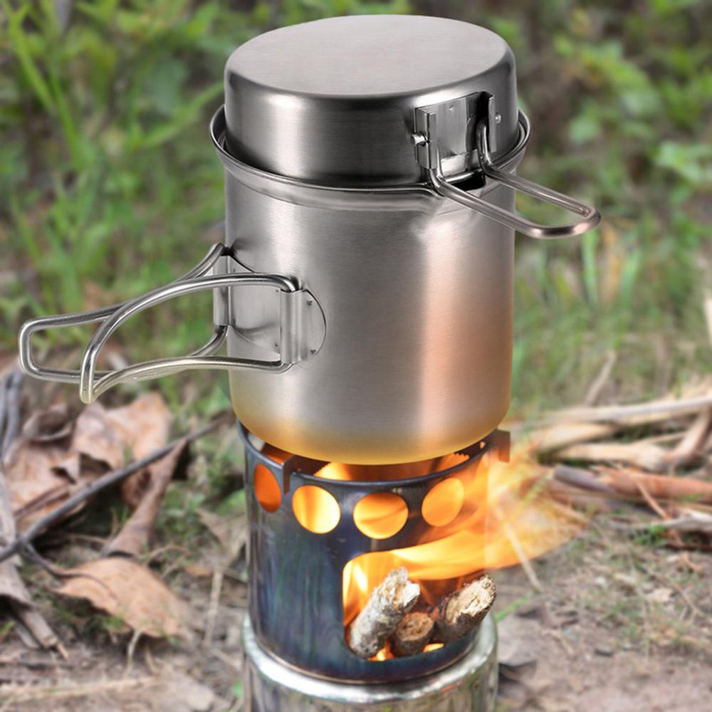 Camping Wood Stove Cooking Pot Set Stainless Steel Tableware Folding Cookware for Backpacking Fishing Pesca Outdoor Picnic
