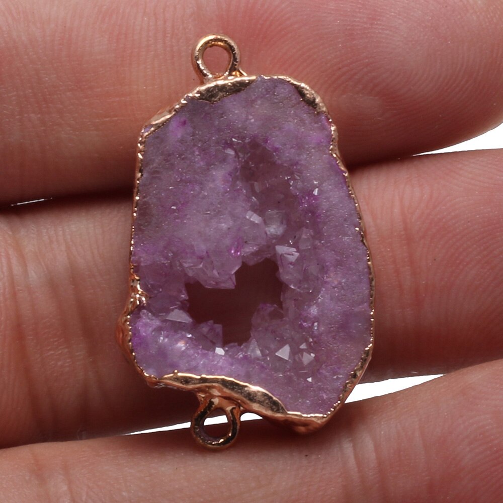 Conectores de colgante de ágatas Druzy Natural, conectores de doble agujero chapados en oro Irregular para fabricación de joyas DIY: Pink / 40-45mm