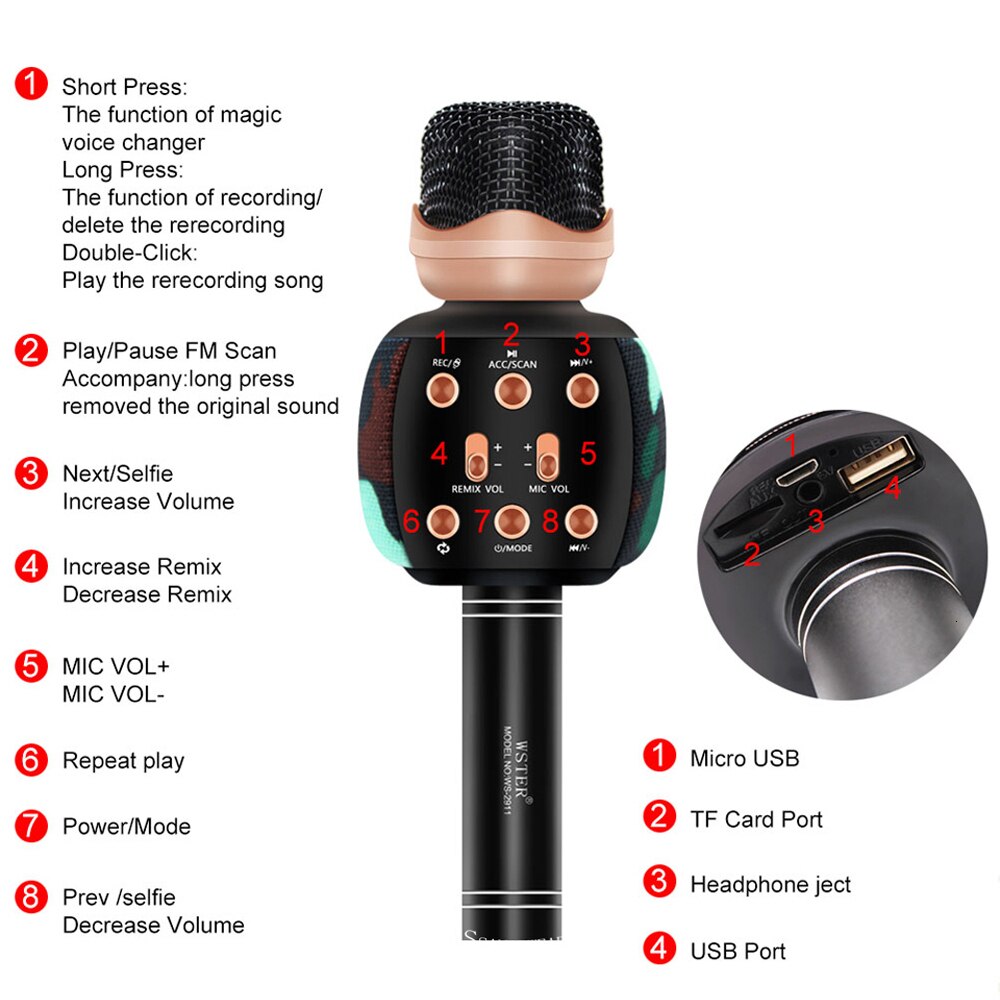 WSTER Version Bluetooth Karaoke Microphone Wireless Speaker Handheld Player Magic Voice Record Music Mic PK WS-858