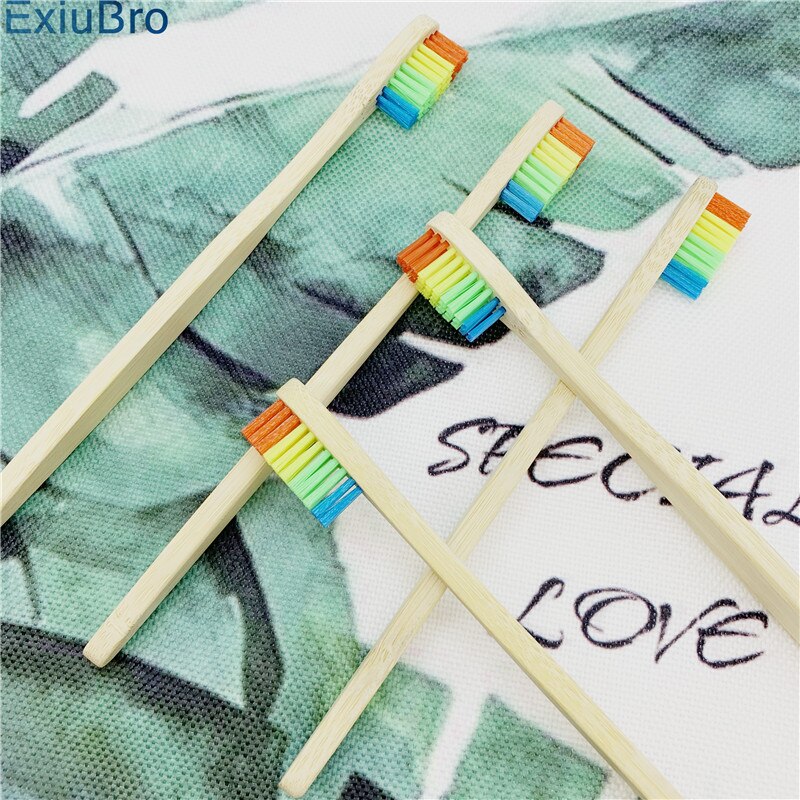 ExiuBro Rainbow Bristle Vegan Free Bamboo Toothbrush Flat Handle Biodegradable Bamboo Tooth brush Eco friendly Bamboo Handle