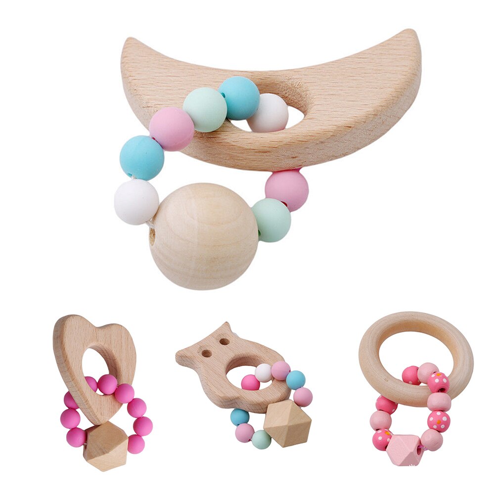 Houten Dier Maan Vormige Armband Siliconen Kralen Rammelaar Baby Kinderziektes Speelgoed