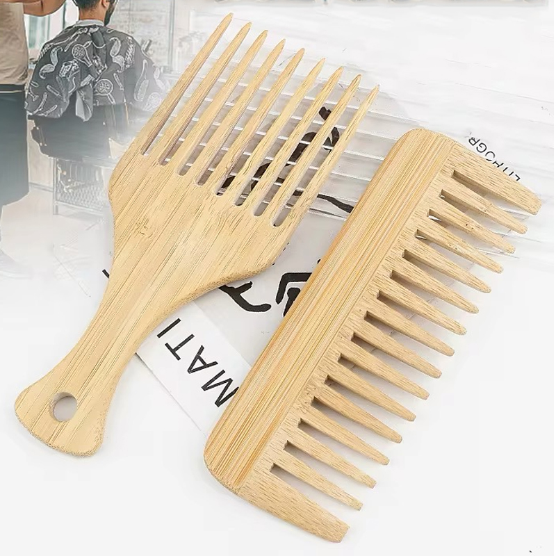 2Pcs/Set Natural Bamboo Wooden Comb Anti-Static Afro Fork Combs Beard Comb Men Women Anti-static Hair Wooden Comb Hair Styling C: Pink