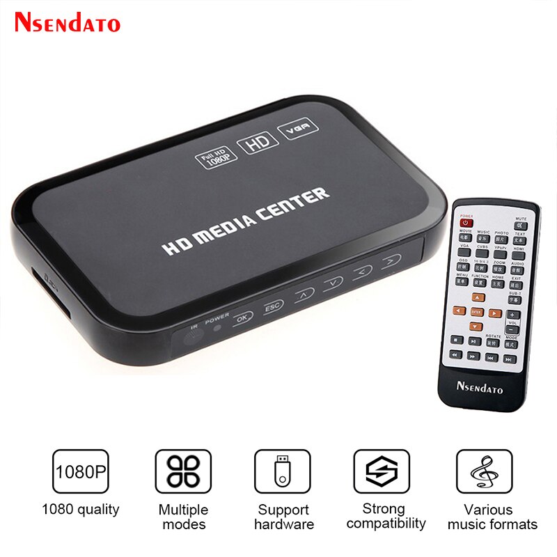 1080P Full HD Media Player Center Multi Media Video Player for HD VGA AV USB SD/MMC Port Remote Control YPbPr Cable mkv H.264