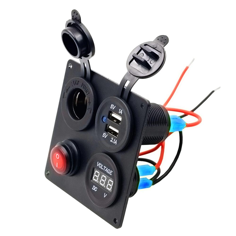 12V/24V ON-OFF Button Switch Panel Dual USB Socket Charger Red LED Voltmeter For Boat Car Truck Motorcycle ATV Marine