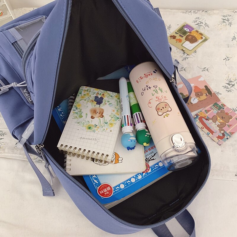 Solid Color Waterproof Nylon Women Backpack Female Multi-pocket Insert Buckle Travel Bag Girls Transparent Pocket Schoolbag