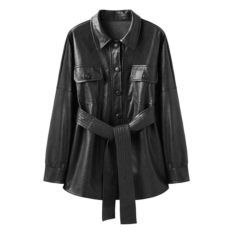 Lusumily skinnjakke kvinner knytebelte midjelommer yttertøy enkeltknappsfrakker burgunder casual faux pu jakker: Svart / S