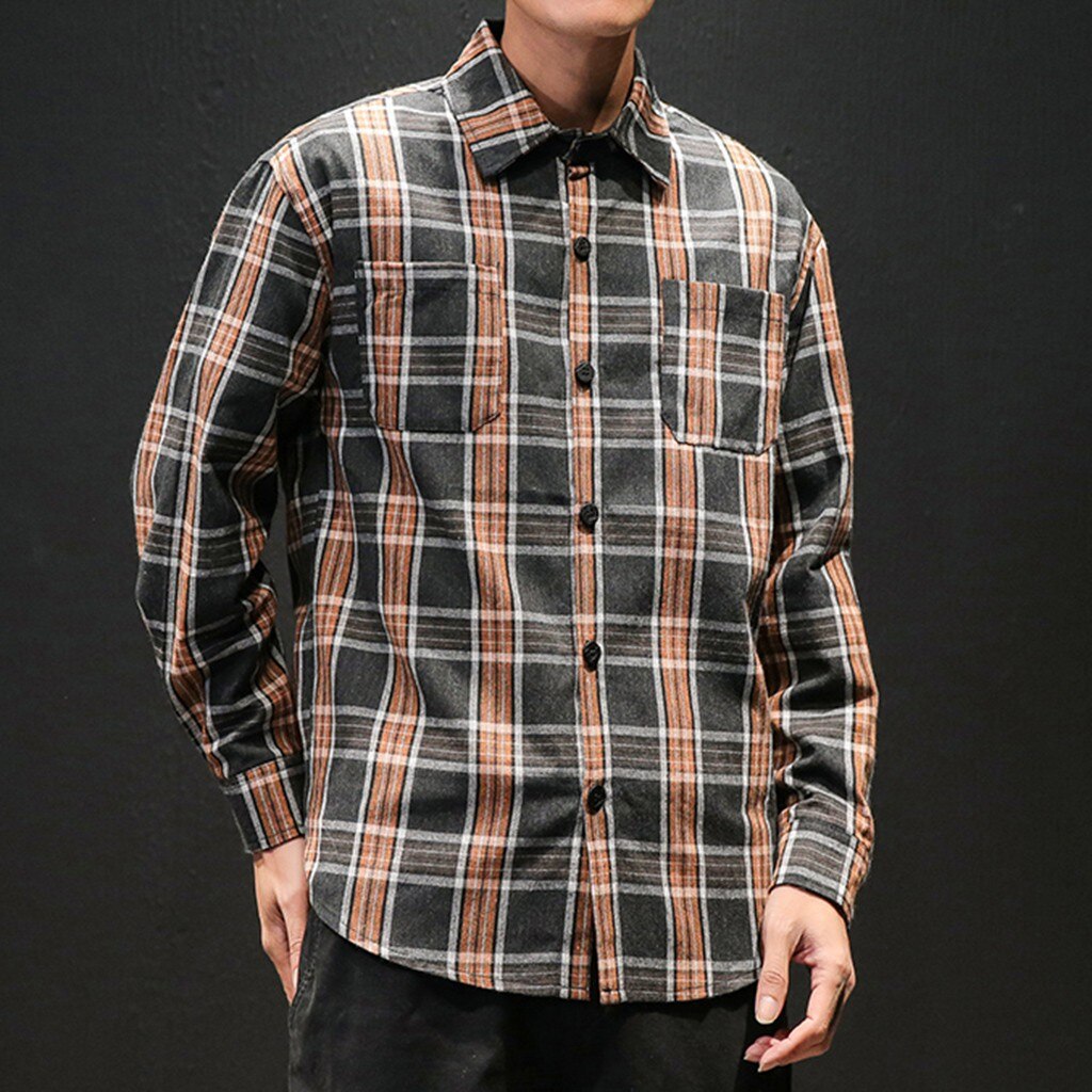 Herr rutiga skjortor i stil man blå brun rutiga långärmade skjortor herr oversized topp skjorta plus size bekväma