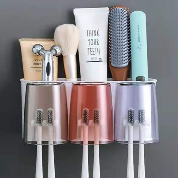 Tannbørsteholder veggsett tannbørstekopp munnskyllekopp tannkrempressetannkopp husholdningsvaskbordhylle: 3 rader