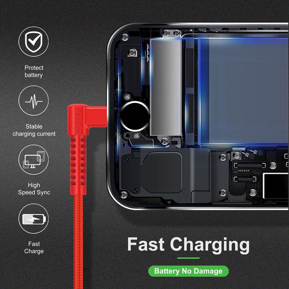 Foxsun Right Angle For Lightning Cable 90 Degree iPhone Charger USB Cable Nylon Braided Fast Speed Data Sync Apple Charging Cord