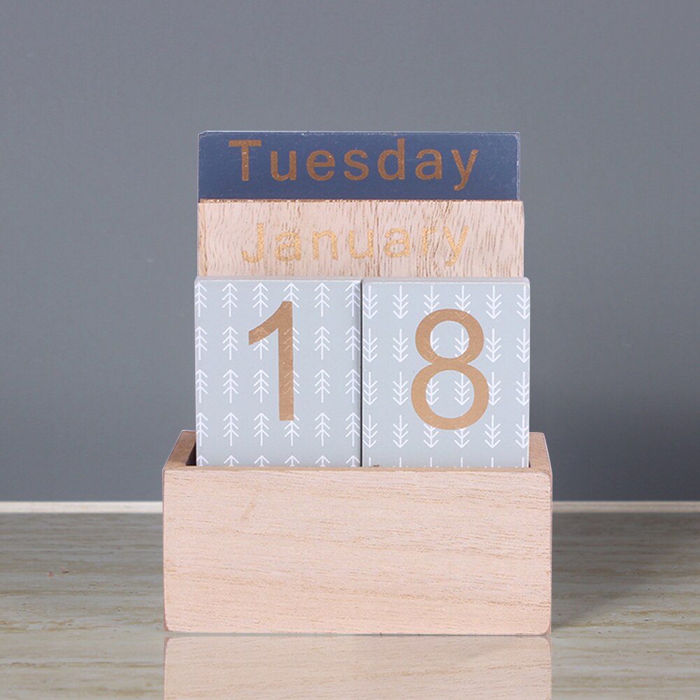 Home Vintage Month Bar Counter Date Display Office Photography Props Desk Top Week Perpetual Calendar Eternal Wood Block