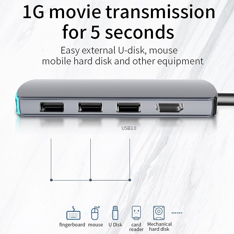 6 In 1 Usb C Laptop Docking Station 3 Usb 3.0 + 4K Hdmi + Tf + Sd type C Poorten Dock Usb Hub/Type C Data Hub