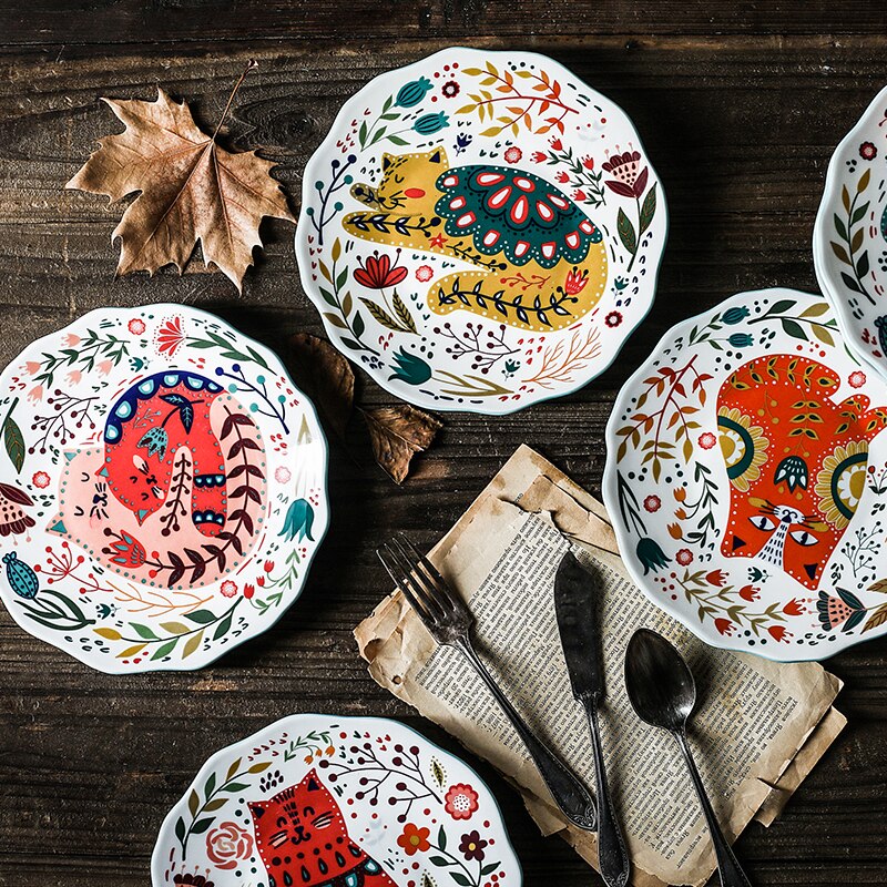 Plat de couleur en céramique dessin animé | Assiette ronde de couleur, style japonais peint à la main, chat chanceux, personnalité, vaisselle créative pour la maison, vaisselle nordique