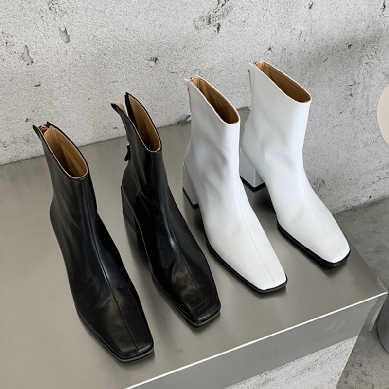 Winter Ins Elegante Vrouwen Wit Blok Hoge Hakken Enkellaarsjes Lady Vierkante Neus Korte Laarzen Chelsea Laarzen Party schoenen