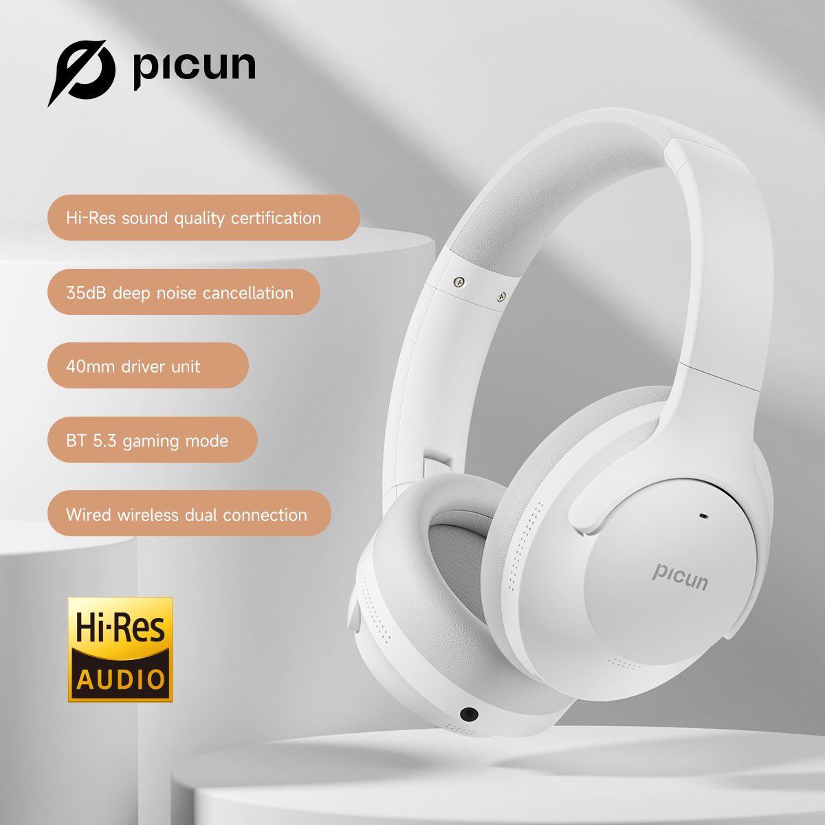 Picun anc -05 aktiva brusreducerande hörlurar med enc-teknik, trådlösa bluetooth-hörlurar over-ear-headset, 40h speltider: Grå