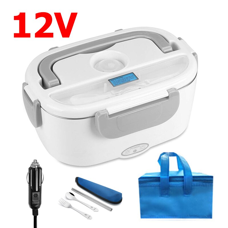 Fiambrera eléctrica de acero inoxidable de 12V y 24V para comida, calentador de comida, contenedor portátil para coche, camión, Picnic, viaje, Bento, caja calefactable: 12V White- Bag Set
