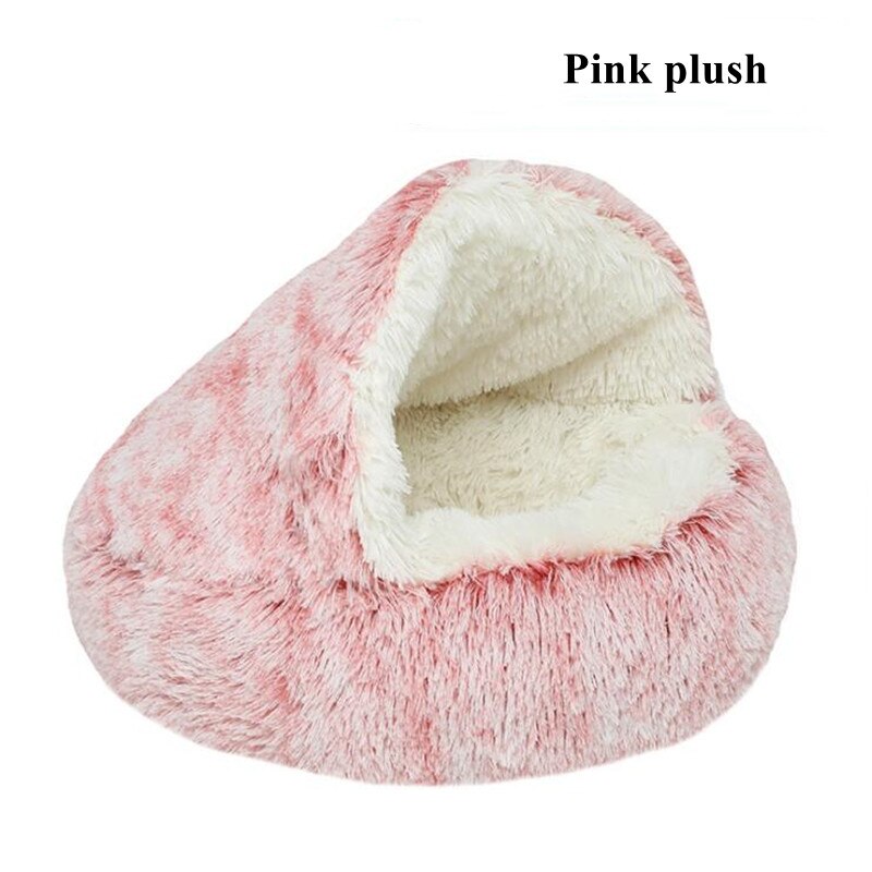 Winter Lange Pluche Huisdier Kennel Hond Bed Ronde Kussen Kat Huis 2 In 1 Warm Kat Mand Slaap Semi-afgesloten Zak Voor Puppy Kleine Kat: Pink plush / 40CM