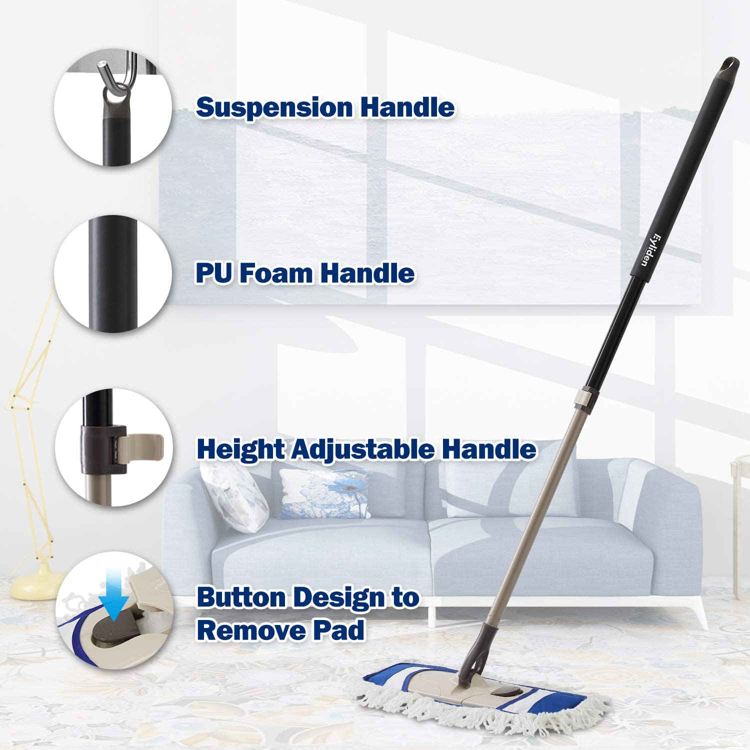 Flat Mop Microfiber Mops for Floor Cleaning with Extendable Adjustable Handle and 2 Washable Mops Pads for Wet & Dry Floor Clean