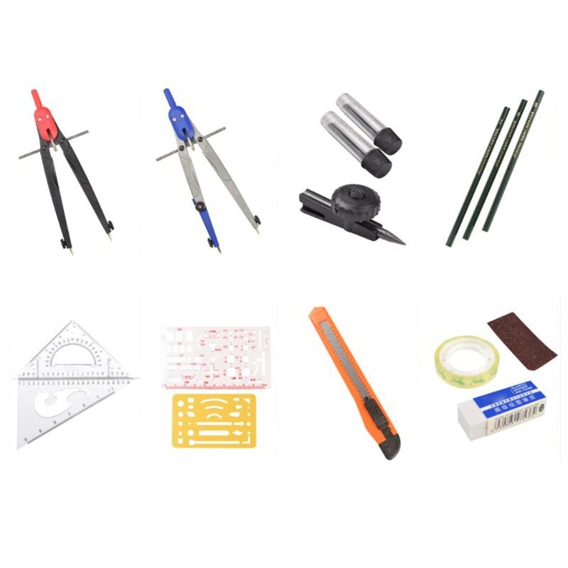 Juego de herramientas de dibujo de brújula, regla, borrador de lápiz, matemáticas, oferta escolar para estudiantes qyh