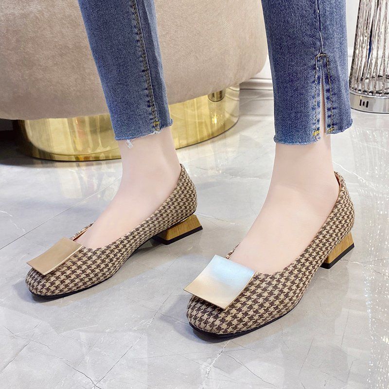 Cresfimix Women Classic Round Toe Office Square Heel Pumps Lady Casual Black Plaid Summer High Heel Shoes C6308
