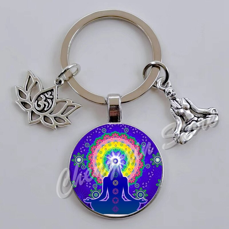 Indian Buddha Meditatie 7 Chakra Mandala Psychedelische Yoga Glas Cabochon Sleutelhanger Ornament: Sky Blue
