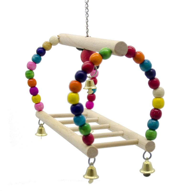 Loro de juguete pájaro colgante de madera de oscilación escalera para loros pájaro jaula de mascar juguete Bell 53CA