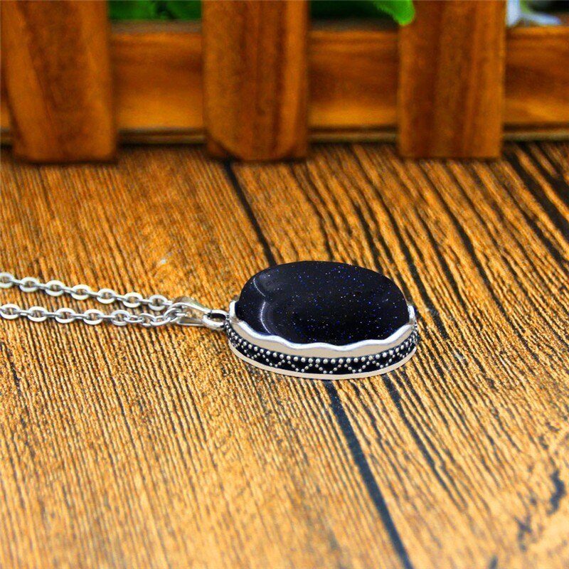 Oval Dark Blue Sequins Stone Jewelry Set Necklace Earrings For Women Flower Pendant Stainless Steel Chain TS357