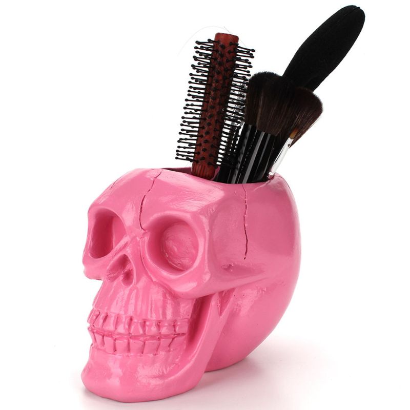Creatieve Roze Schedel Ornament Skelet Pen Houder Desktop Potlood Organizer Make Borstel Opslag