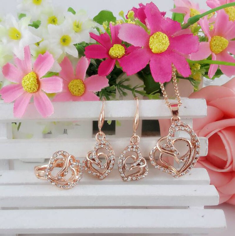 trendy Newest Rose Crystal African Costume Jewelry for Women Heart Shape Necklace Earrings Ring Sets: rose gold