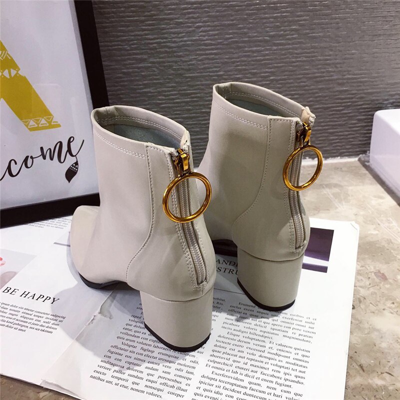 Winter luxe dames 5cm blok hoge hakken enkellaarsjes wit beige hakken leren korte laarzen western chelsea boots schoenen