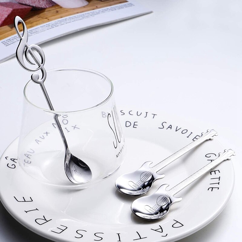 6Pcs Note Spoon and Guitar Spoon Set Teaspoon Stainless Steel Note-Shaped Coffee Spoon (3 Notes + 3 Guitars)