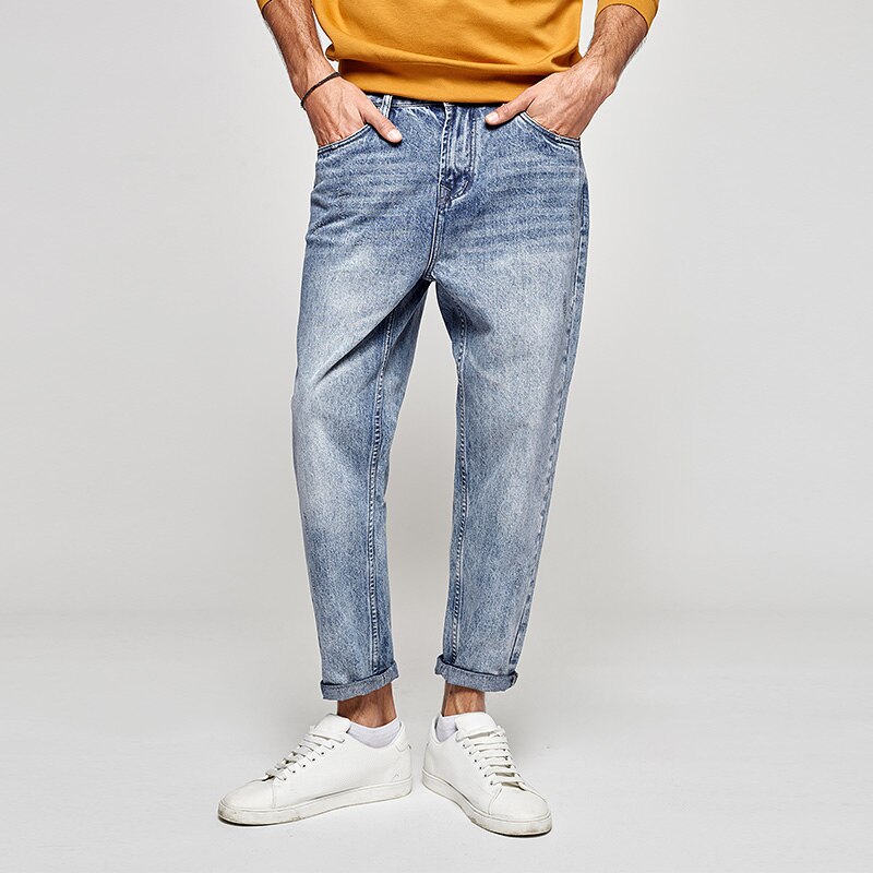 KUEGOU 100% Cotton Autumn Spring Loose Tapered jeans loose ankle-length Men Harem Pants Blue Trousers Plus Size KK-2903: 34
