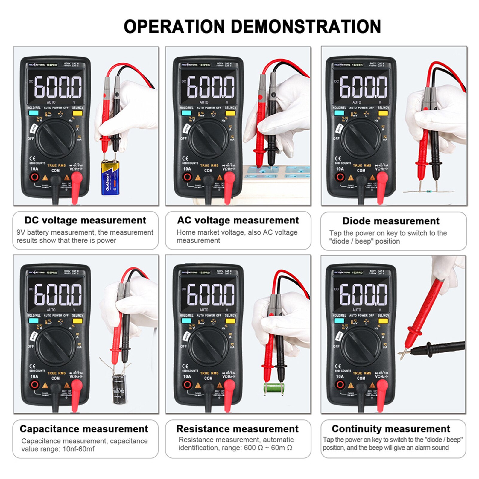 RM102Pro Auto Multimeter 6000 Telt Back Light Ac/Dc Ampèremeter Voltmeter Diode Weerstand Capacitancetemperature Tester