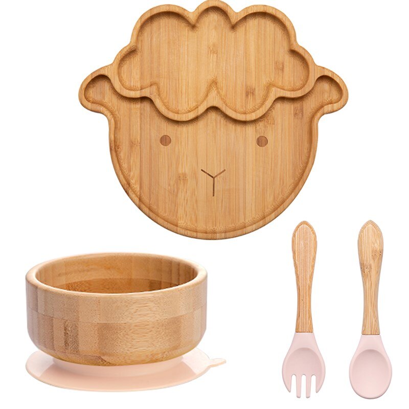 Cuenco de bambú para alimentación de bebé, juego de vajilla de silicona con ventosa, antideslizante, resistente al agua, tenedor, cuchara, 4 piezas: 4pcs-B