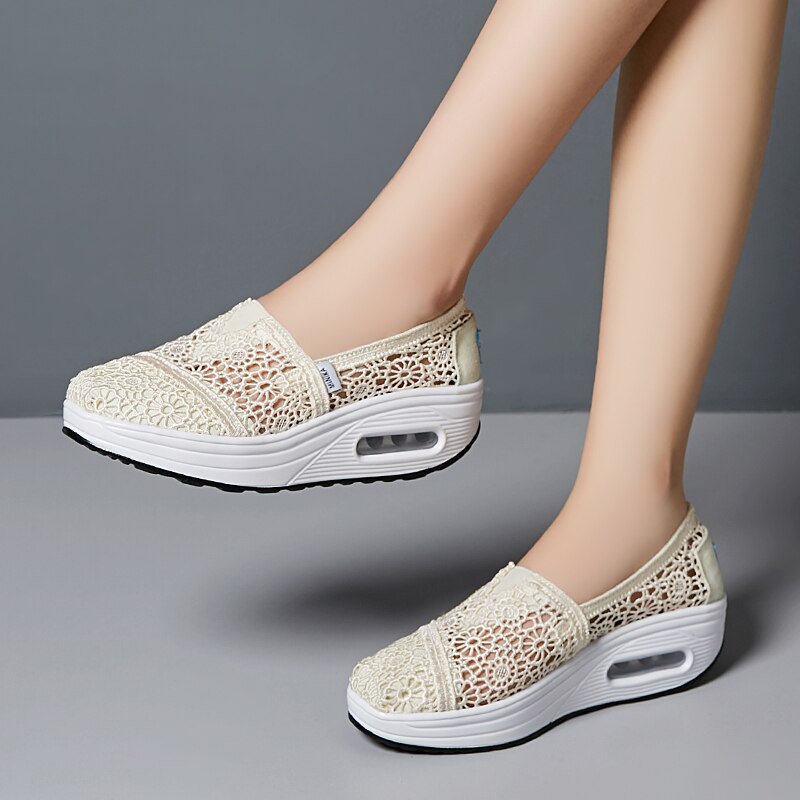 Summer Hollow Out Women's Fitness Shoes Platforms Slip On Breathable Mesh Cushioning Travel Walking Toning Shoes Wedges