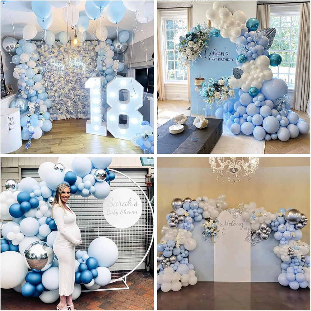 Babyblå ballongbue pastellblå hvite sølvballonger krans konfirmasjon barnebursdagsfest kjønnsavsløringe bryllupsdekorasjon