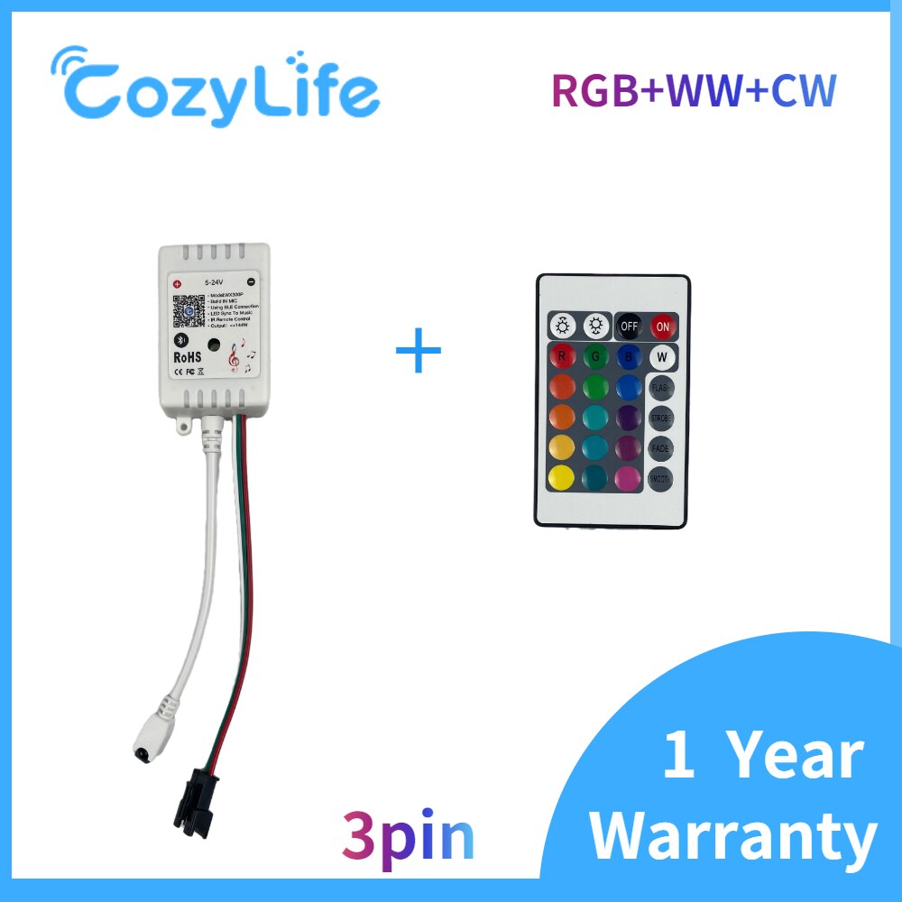 3- pin rgb + cw + ww dimmable controller for rgb led strip lights, 5v-24v bluetooth app control, supports voice control via alexa and google assistant