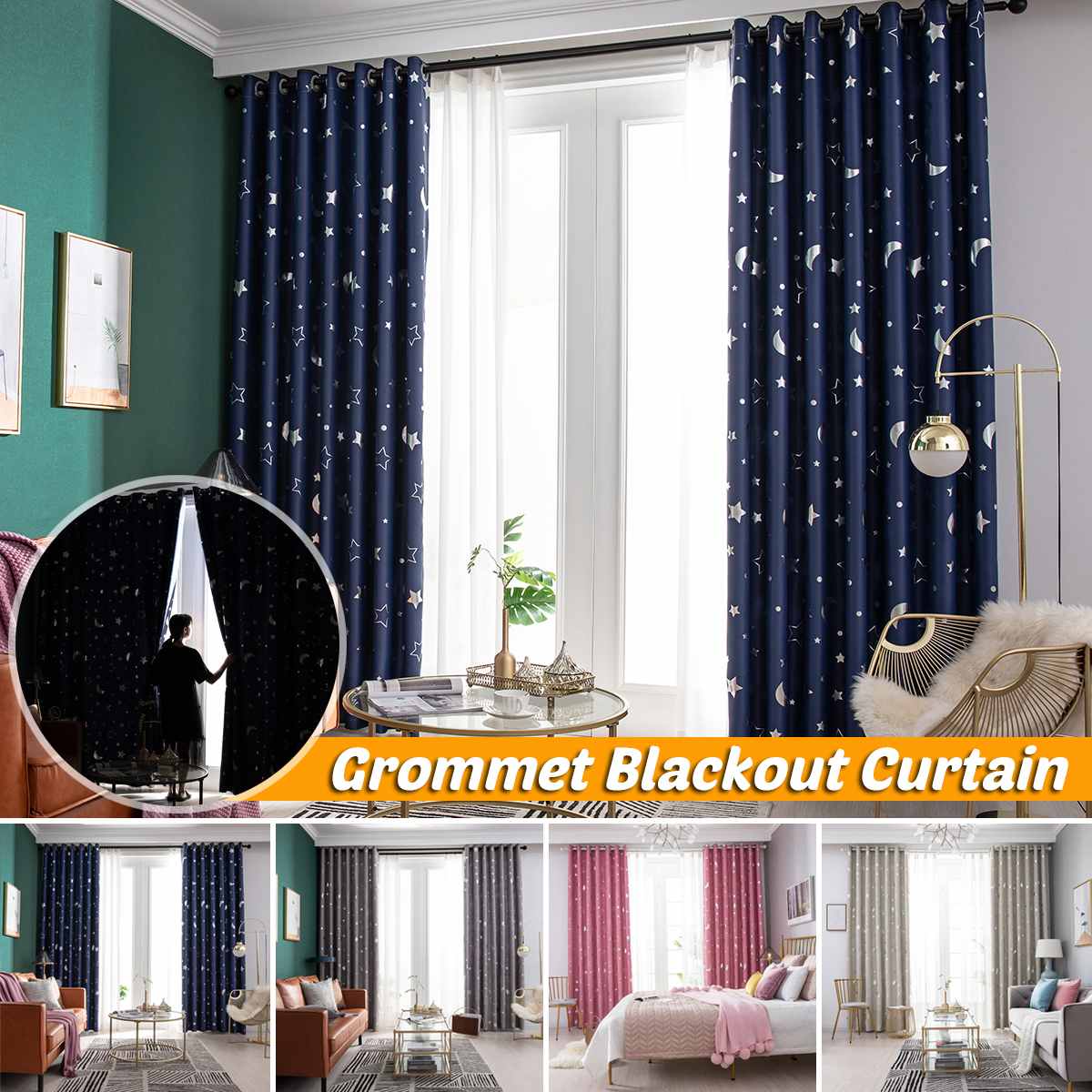 Shiny Silver Star Moon Blackout Curtains for Kids Child Bedroom Korean Style Window Voile Tulle Curtains for Living Room 1pc