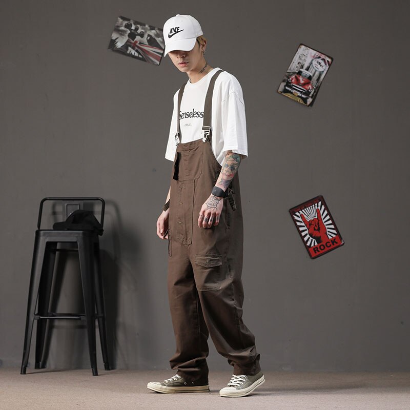 Cotton Overalls Men Bib Loose Multi-Pocket Straight Jumpsuits Pants Street Casual Hip Hop Khaki Brown Trousers